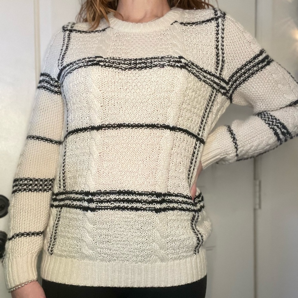 Lucky Brand Cream with Black Stripes Cable Knit Women's Sweater